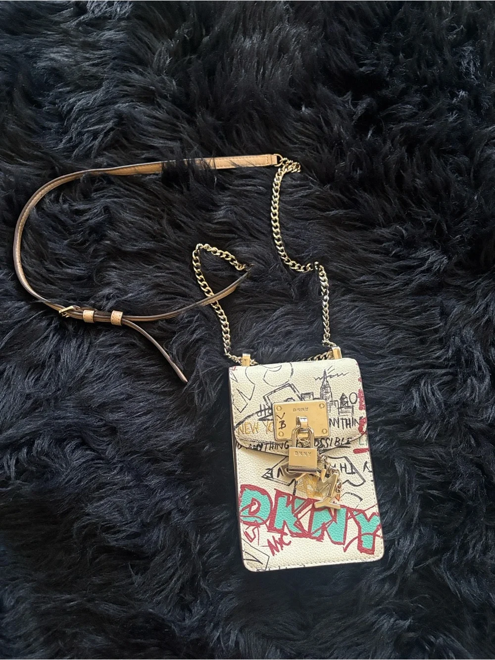DKNY Cream Graffiti Print Crossbody Phone Bag with Gold Hardware